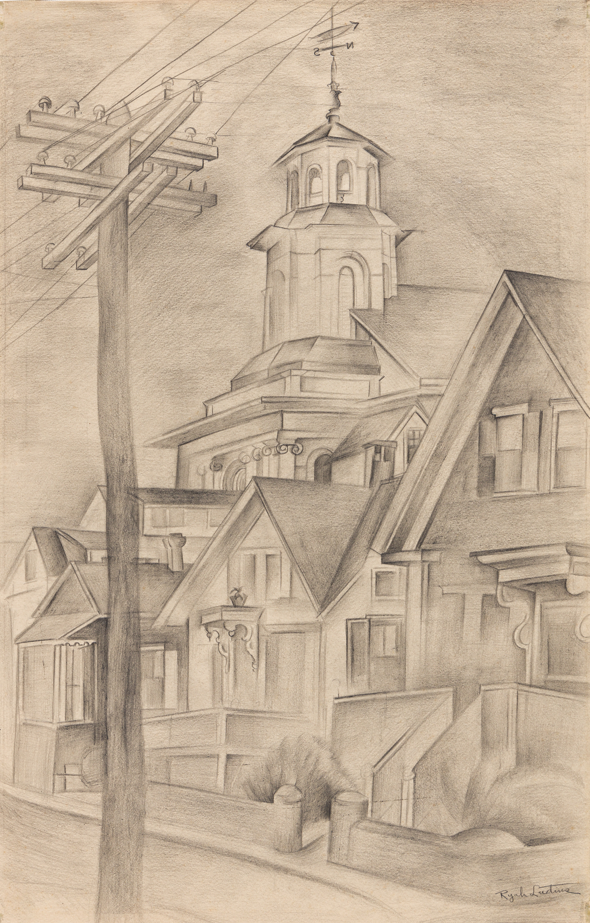Ludins, Ryah (1896-1957) Untitled Drawing of the Center Methodist Church, Commercial Street, Provincetown, MA.